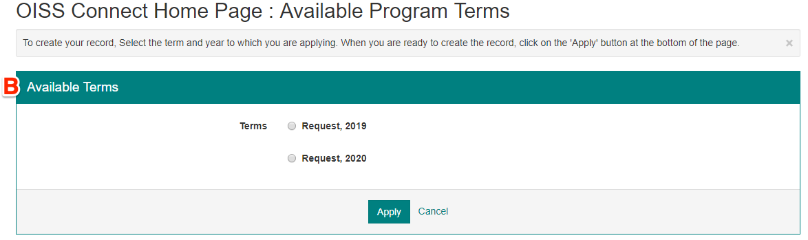 Available terms by year labelled option B
