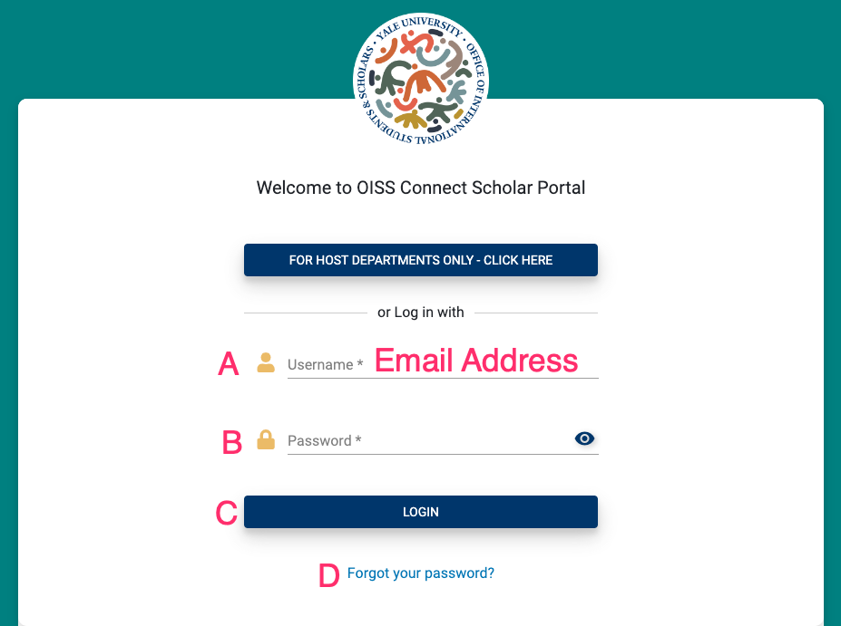 OISS Connect login page for scholars