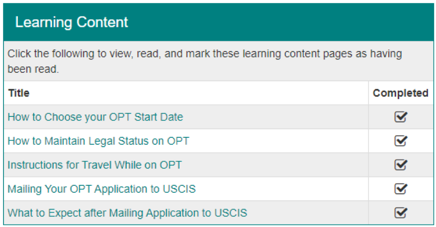 List with the sample learning content items that need to be checked off as complete