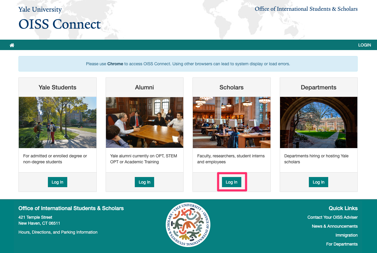 OISS Connect Login page with the Log in button under the Scholars section circled