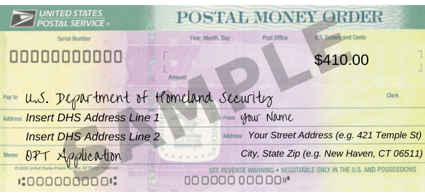 Sample money order: do not abbreviate the payee's name