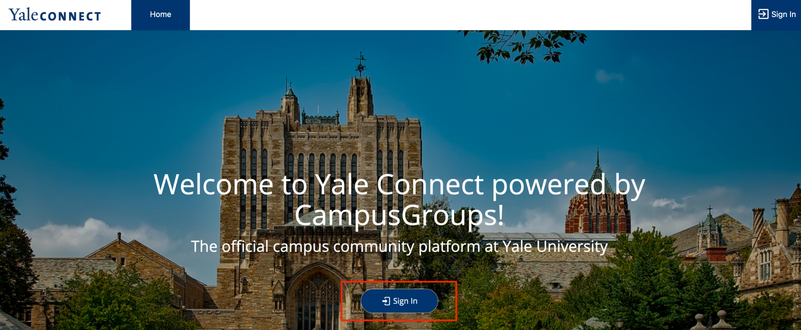 Yale Connect Sign In page