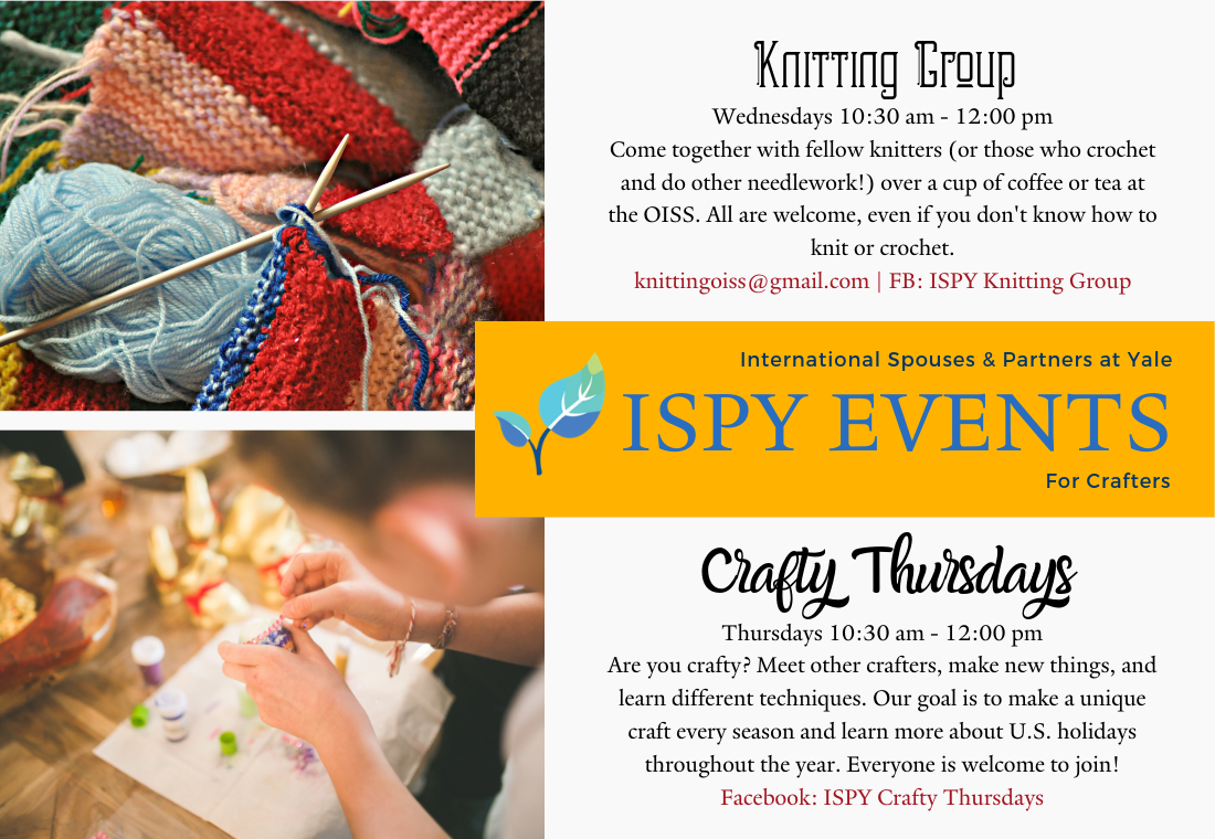 Flyer for details for two ISPY events: knitting group and crafty thursdays 