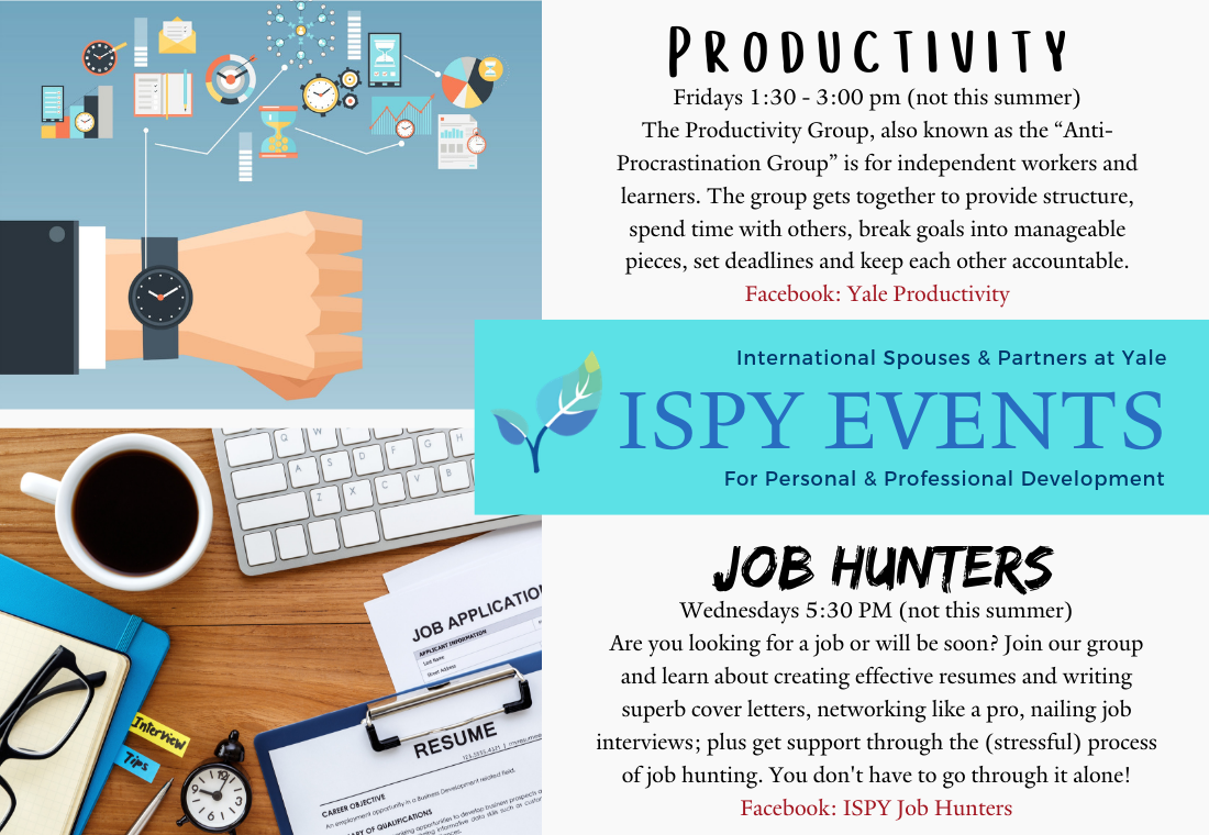 Flyer with details for two ISPY events: productivity group and job hunters. Includes meeting times