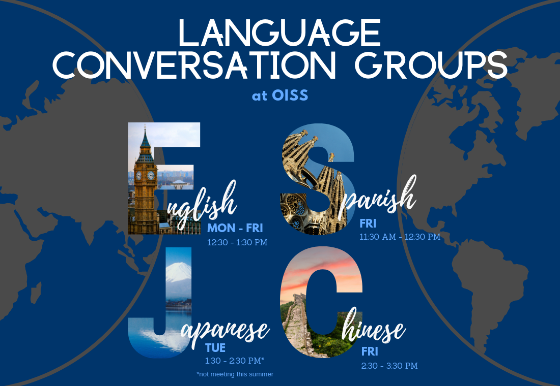 Flyer with details for english,spanish, japanese and chinese conversation groups including meeting times